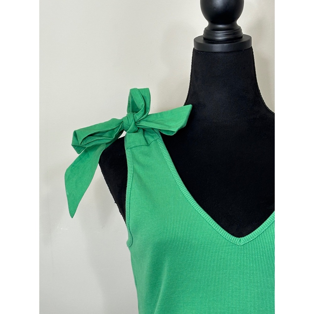 Maeve Anthropologie Green Ribbed Bow Shoulder V-Neck Tank Top Large NEW - Picture 9 of 15